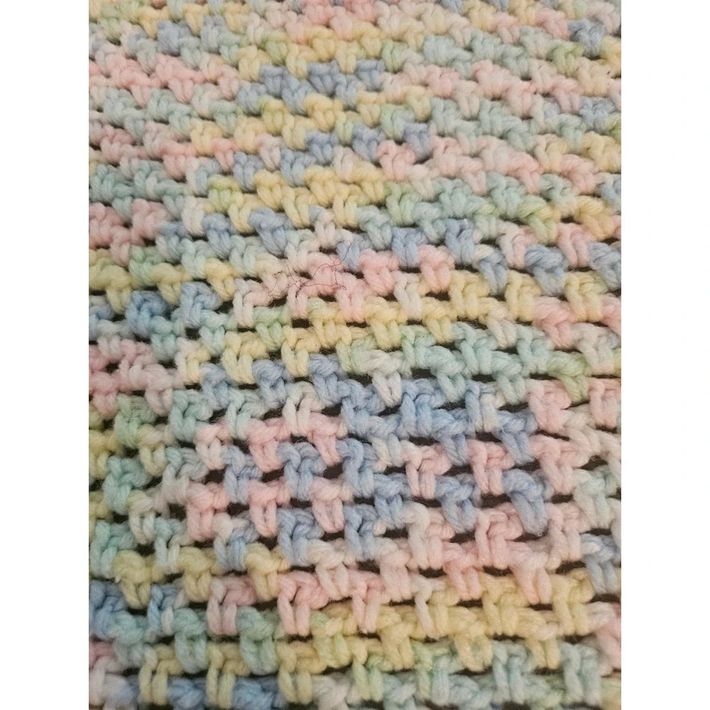 Handmade Crochet Baby Blanket Infant Pastel Multicolor Satin Trim Ruffle Trim